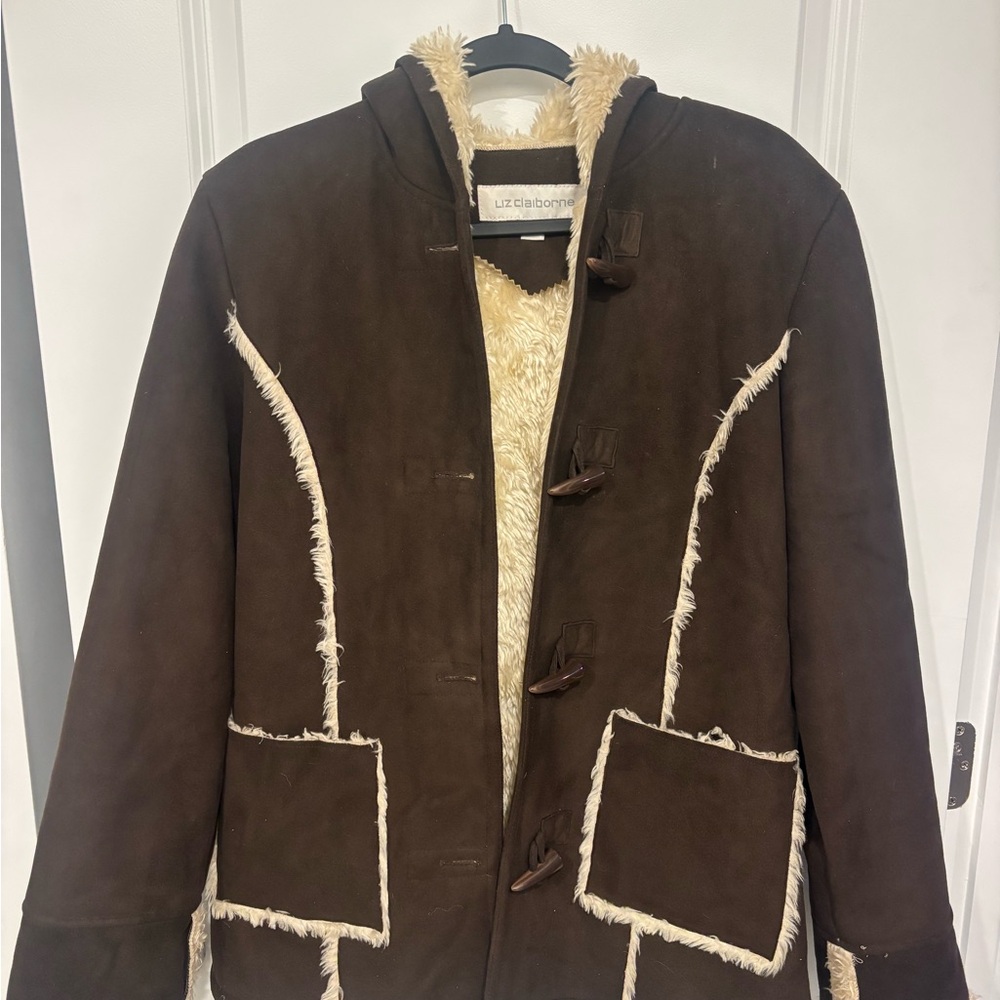 Liz Claiborne Women's Brown Suede Coat with Cream Trim